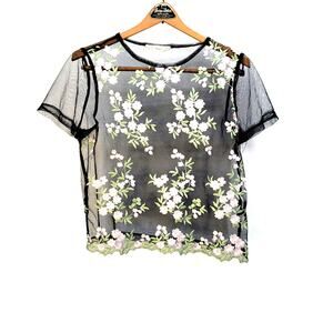 Witchy Romantic Embroidered Floral Twinkle Mesh Delicate Feminine Sheer Top M